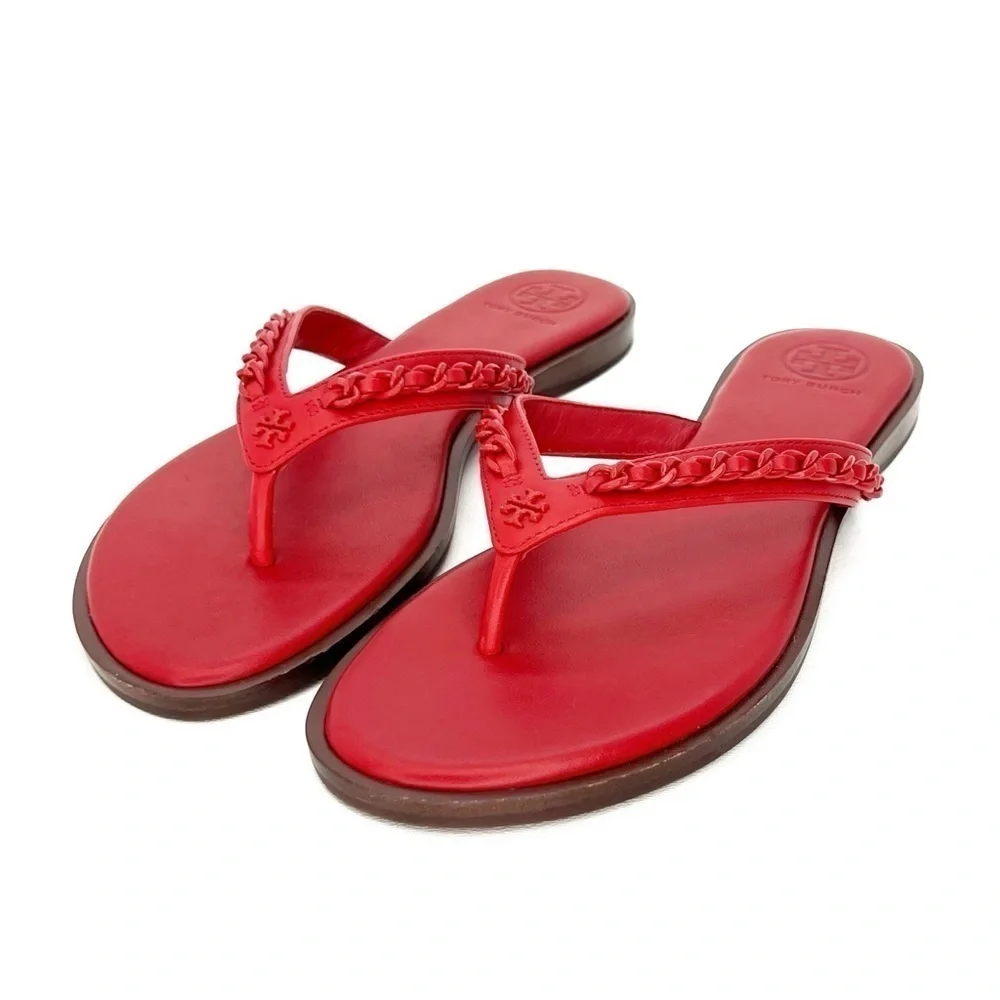 NEW Tory Burch Everly Chain Thong Sandals Size 6 Bearberry Red Flip Flops 88335